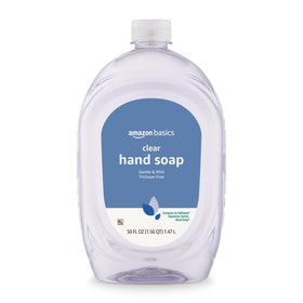 Amazon Basics close-up of bottle label highlighting gentle, triclosan-free formula