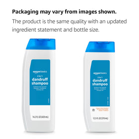 Amazon Basics ingredient label highlighting pyrithione zinc for flake control benefit