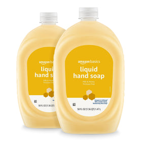 Amazon Basics bottle front packaging showing two 50 oz bottles and benefits