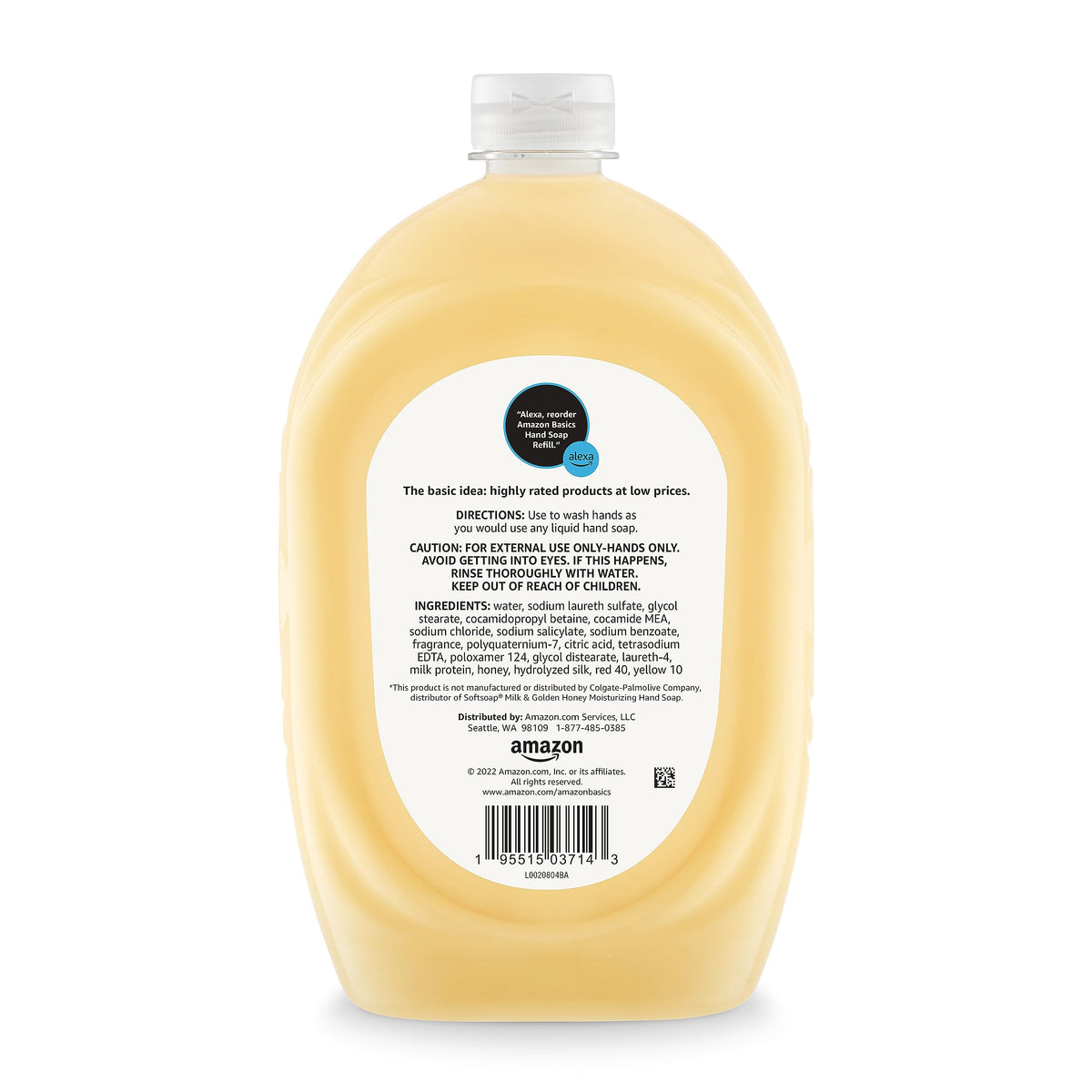 Amazon Basics refill being poured into a pump bottle for convenient use