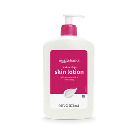 Amazon Basics pump dispensing lotion into hand showing easy, mess‑free application