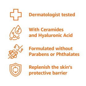 Amazon Basics ingredient display with ceramides and hyaluronic acid benefits