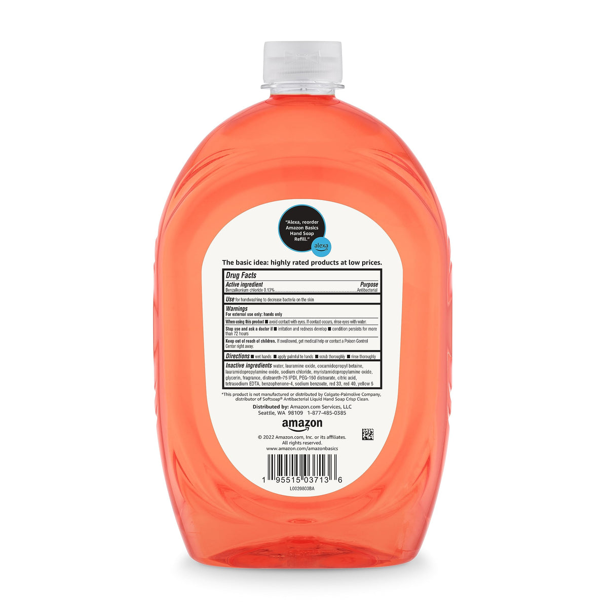 Amazon Basics bottle beside hand for scale to show large 50 fl oz benefit