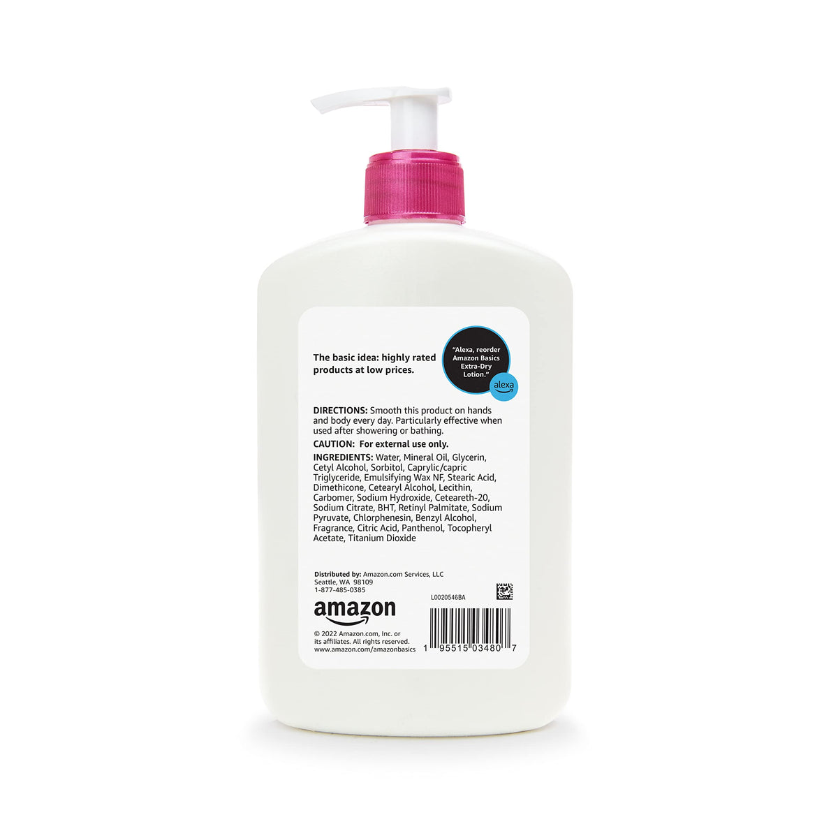 Amazon Basics 16 fl oz bottle held beside hand for scale and portion clarity