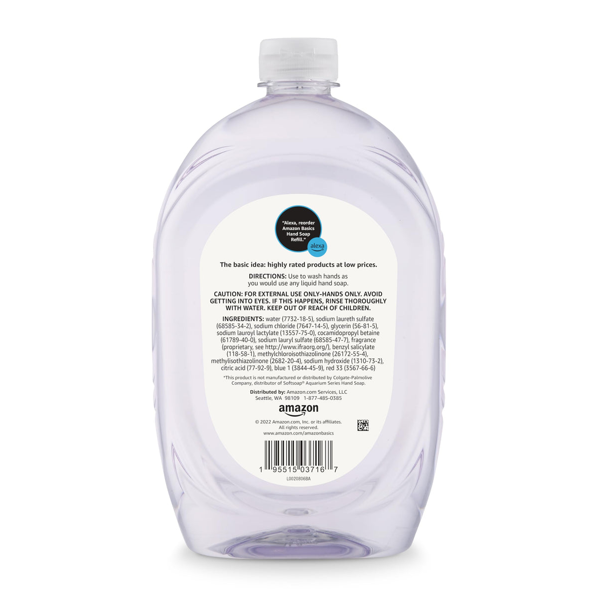 Amazon Basics refill next to a standard pump dispenser demonstrating size and capacity
