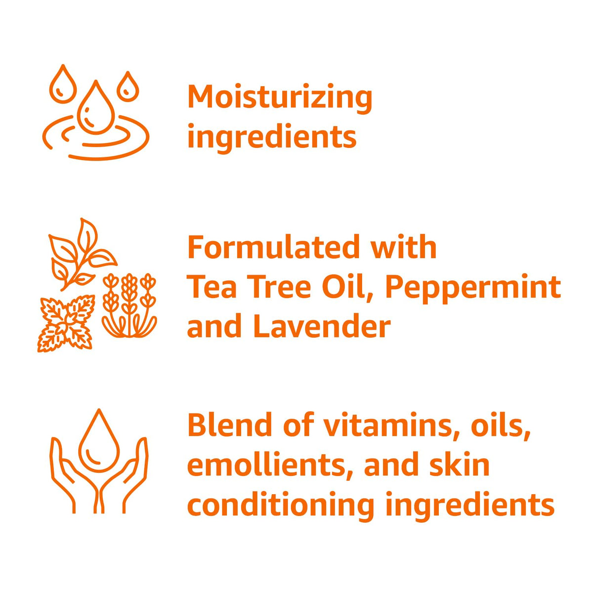 Amazon Basics close-up of ingredient label listing tea tree, peppermint, and lavender benefits