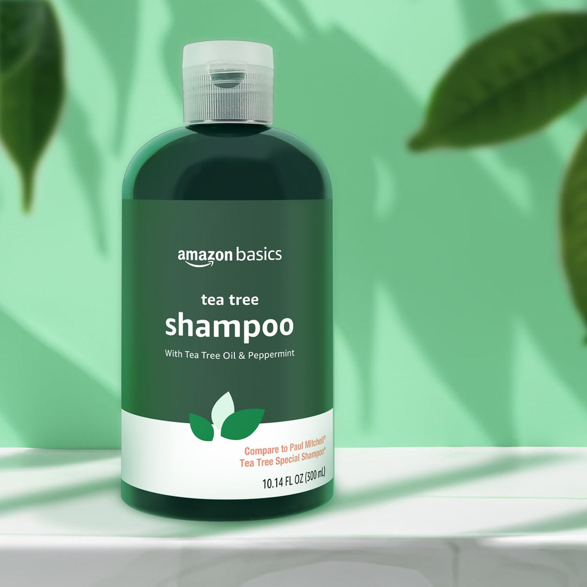 Amazon Basics shampoo placed on bathroom shelf for everyday lifestyle use