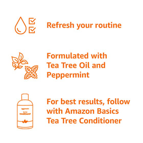 Amazon Basics shampoo bottle held in hand to demonstrate size and scale