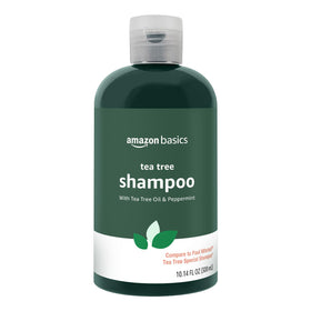 Amazon Basics bottle front label showing tea tree and peppermint benefits