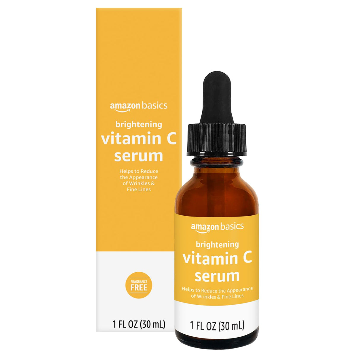 Amazon Basics bottle front view showing label and clear serum, easy identification benefit