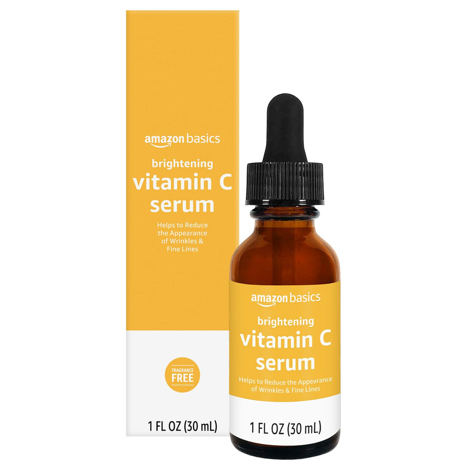 Amazon Basics bottle front view showing label and clear serum, easy identification benefit