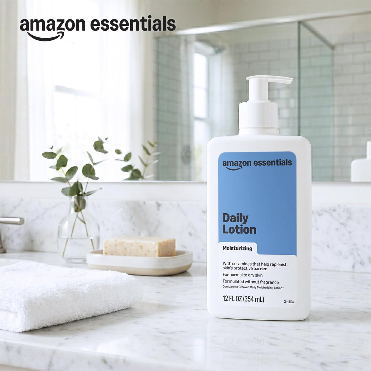 Amazon Essentials bathroom lifestyle setting showing accessible daily use and simple routine