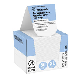 Amazon Essentials front packaging showing 50 count and product benefit convenience