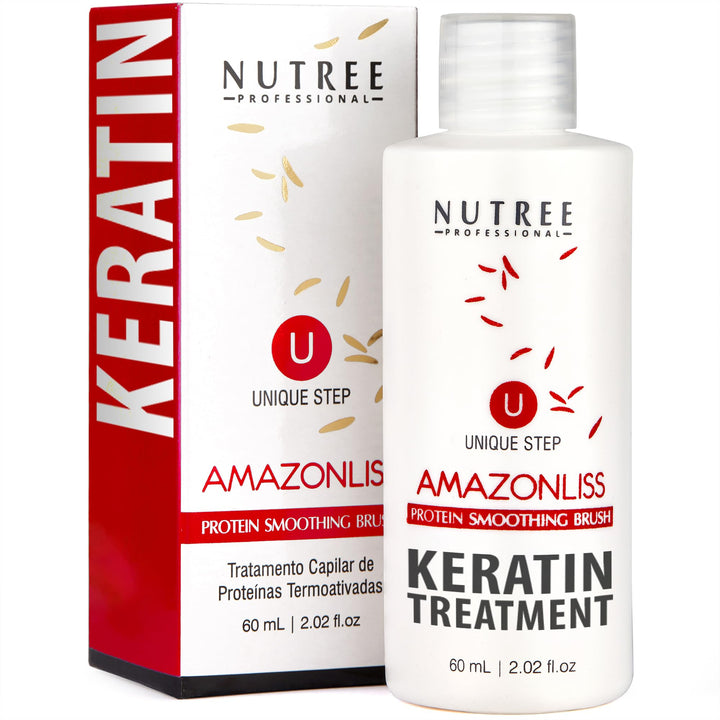 Amazonliss front packaging showing bottle and benefits for smoother hair
