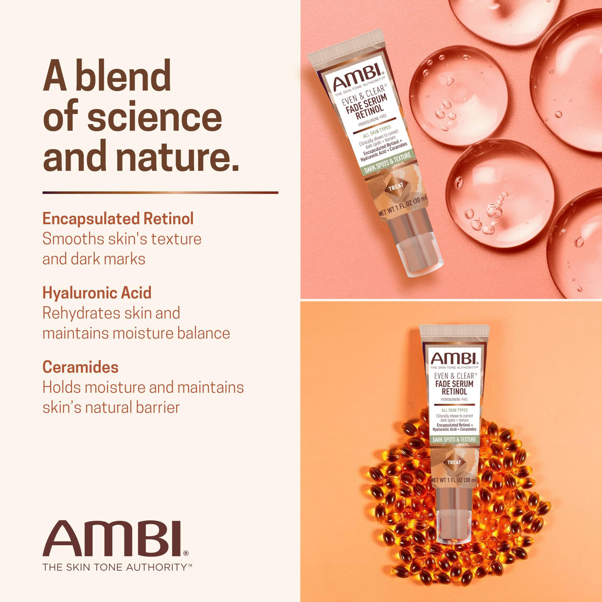 Ambi ingredients flatlay with retinol and niacinamide for tone improvement