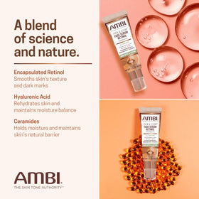 Ambi ingredients flatlay with retinol and niacinamide for tone improvement