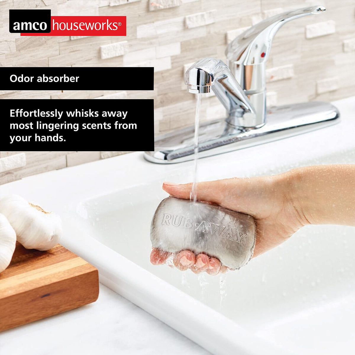 Amco bar resting by kitchen sink illustrating convenient everyday use