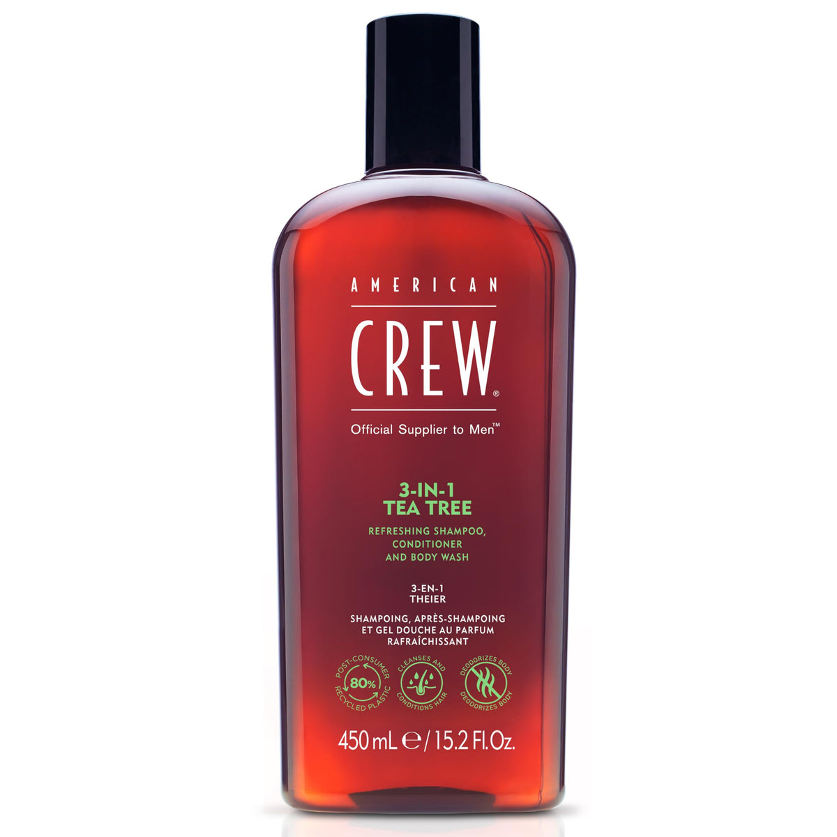 American Crew front label shows 3-in-1 benefits and clear branding