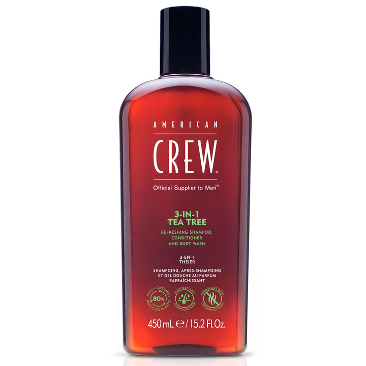 American Crew front label shows 3-in-1 benefits and clear branding