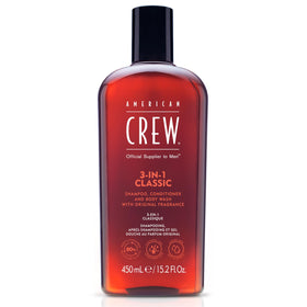 American Crew front packaging showing 3-in-1 bottle and clear branding for easy recognition and convenience