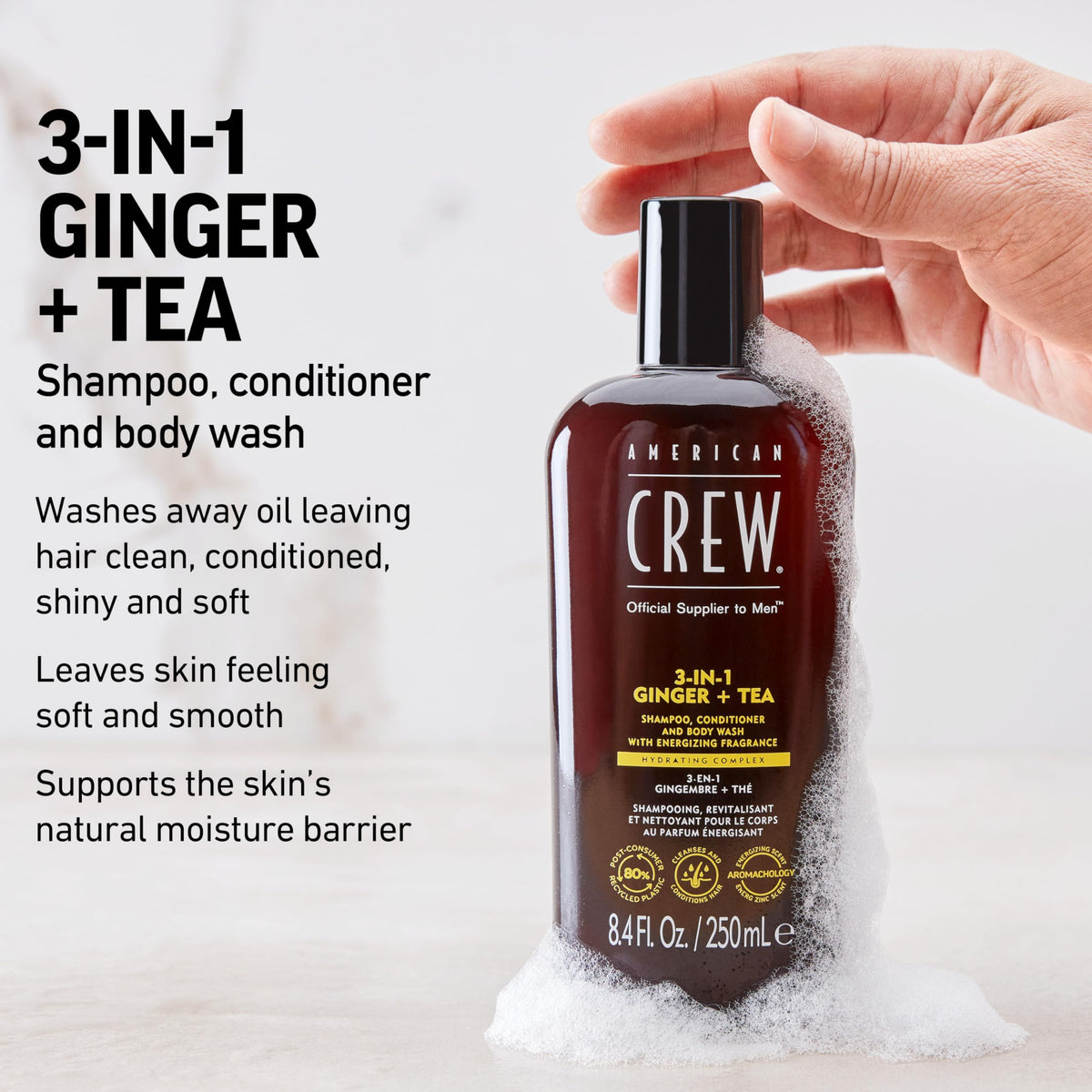 AMERICAN CREW pump dispensing foam into hand demonstrating easy application benefit