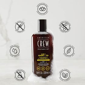AMERICAN CREW bottle beside a ruler showing 33.8 fl oz scale and long-lasting supply