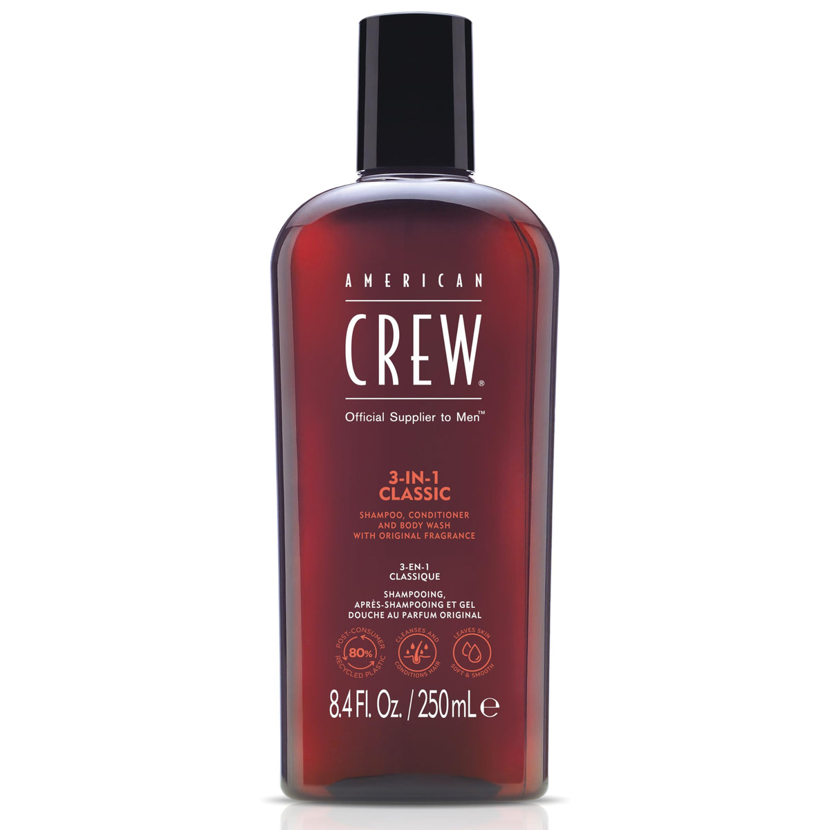 American Crew front bottle view showing clean design and convenience