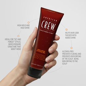 American Crew gel in hand being applied for controlled styling benefit