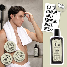 AMERICAN CREW in-shower use showing easy rinse for root volume