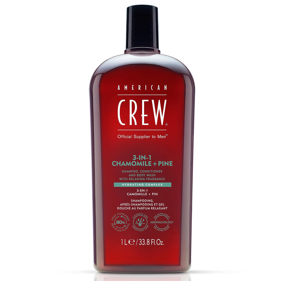 American Crew front bottle view showing product and calming scent benefit