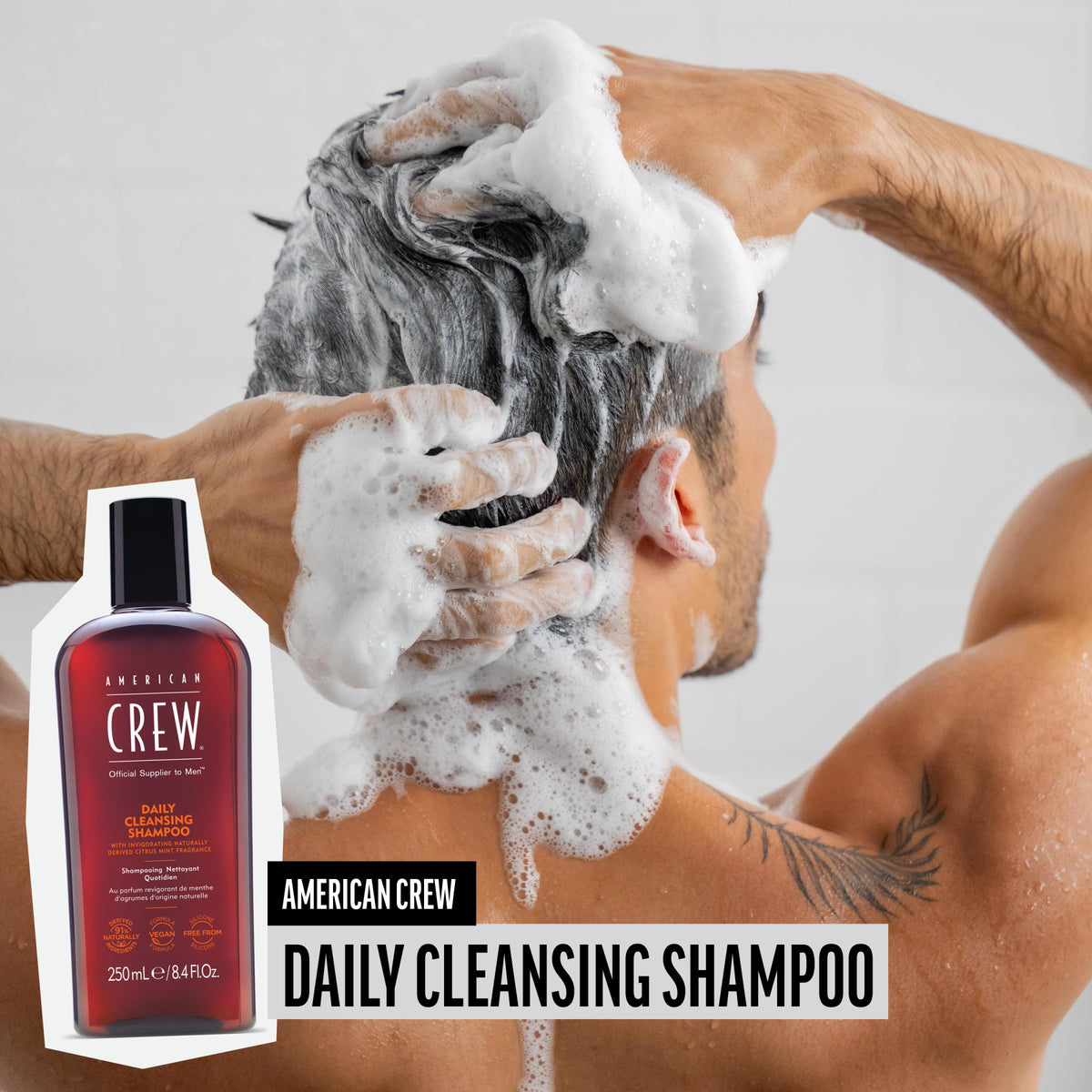 American Crew bottle in shower illustrating easy daily use benefit