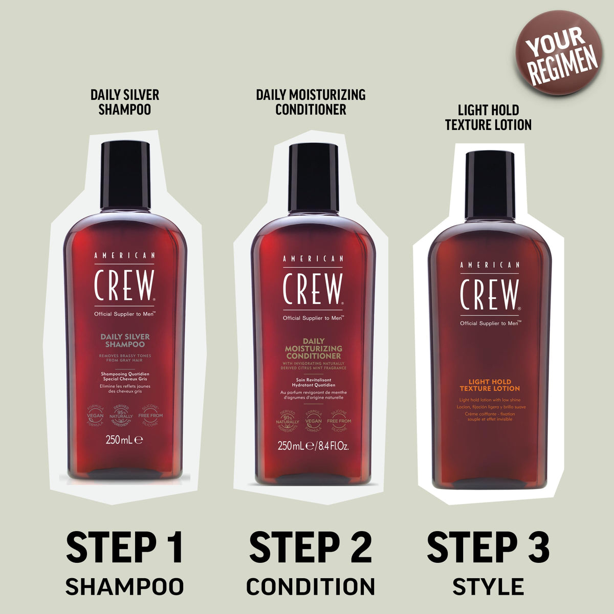 American Crew daily silver on bathroom shelf styled for everyday grooming routine