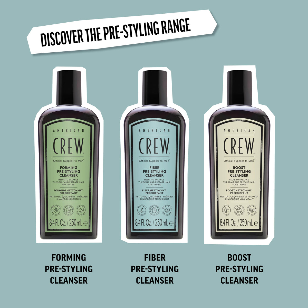 AMERICAN CREW shampoo on bathroom shelf in lifestyle scene for daily routine benefit