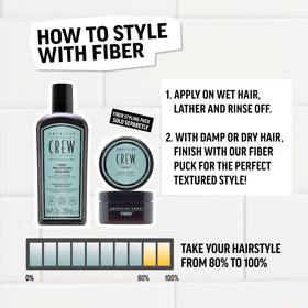 AMERICAN CREW shampoo paired with Fiber Styling Puck to prep hair for styling benefit