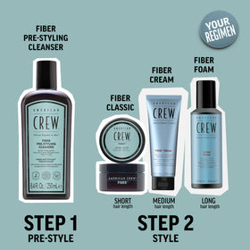 AMERICAN CREW bottle held in hand to show 8.4 fl oz size and travel-friendly benefit