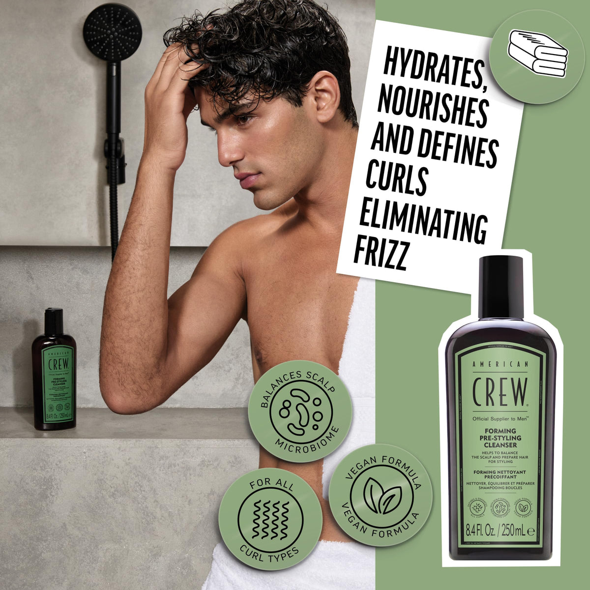 American Crew bottle in shower used on wet hair showing practical application