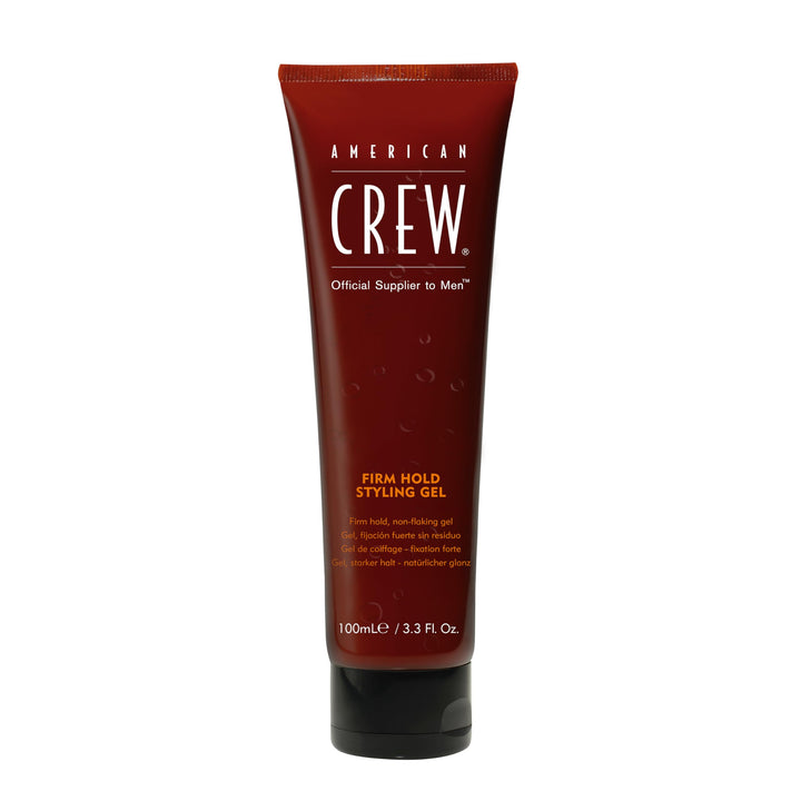 American Crew front bottle showing firm-hold gel and high shine benefit
