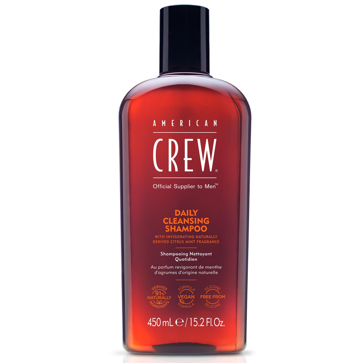 American Crew front bottle view showing citrus-mint branding and clean design benefit