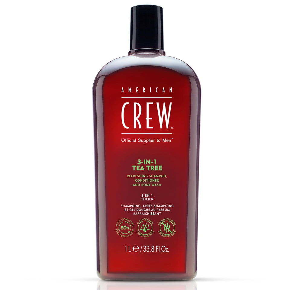 American Crew front packaging showing 3-in-1 bottle and tea tree label for convenience