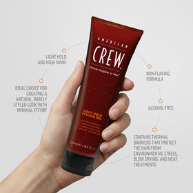 American Crew gel being applied to hands demonstrating easy distribution and control