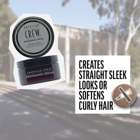 American Crew grooming cream styled side part showcasing high hold shiny finish