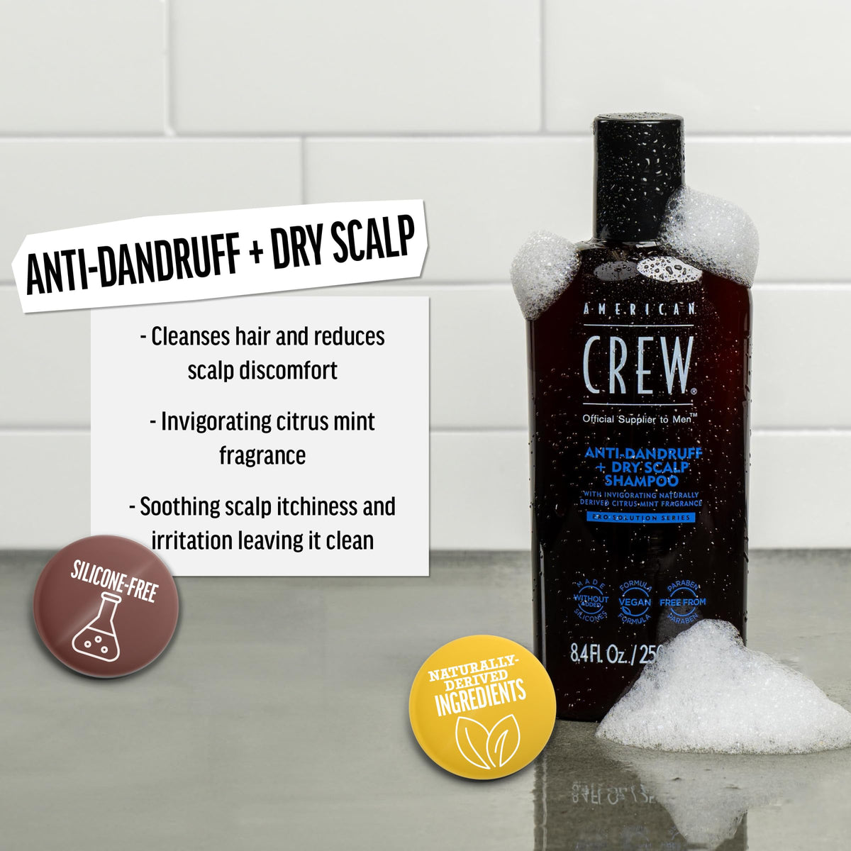 American Crew label close-up highlighting vegan formula and citrus-mint scent