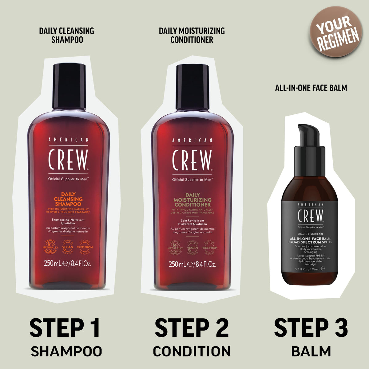 American Crew bottle on bathroom counter conveying refreshed style benefit
