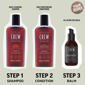 American Crew bottle on bathroom counter conveying refreshed style benefit