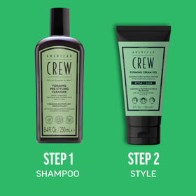 AMERICAN CREW jar on bathroom shelf in lifestyle setting showing everyday grooming convenience benefit
