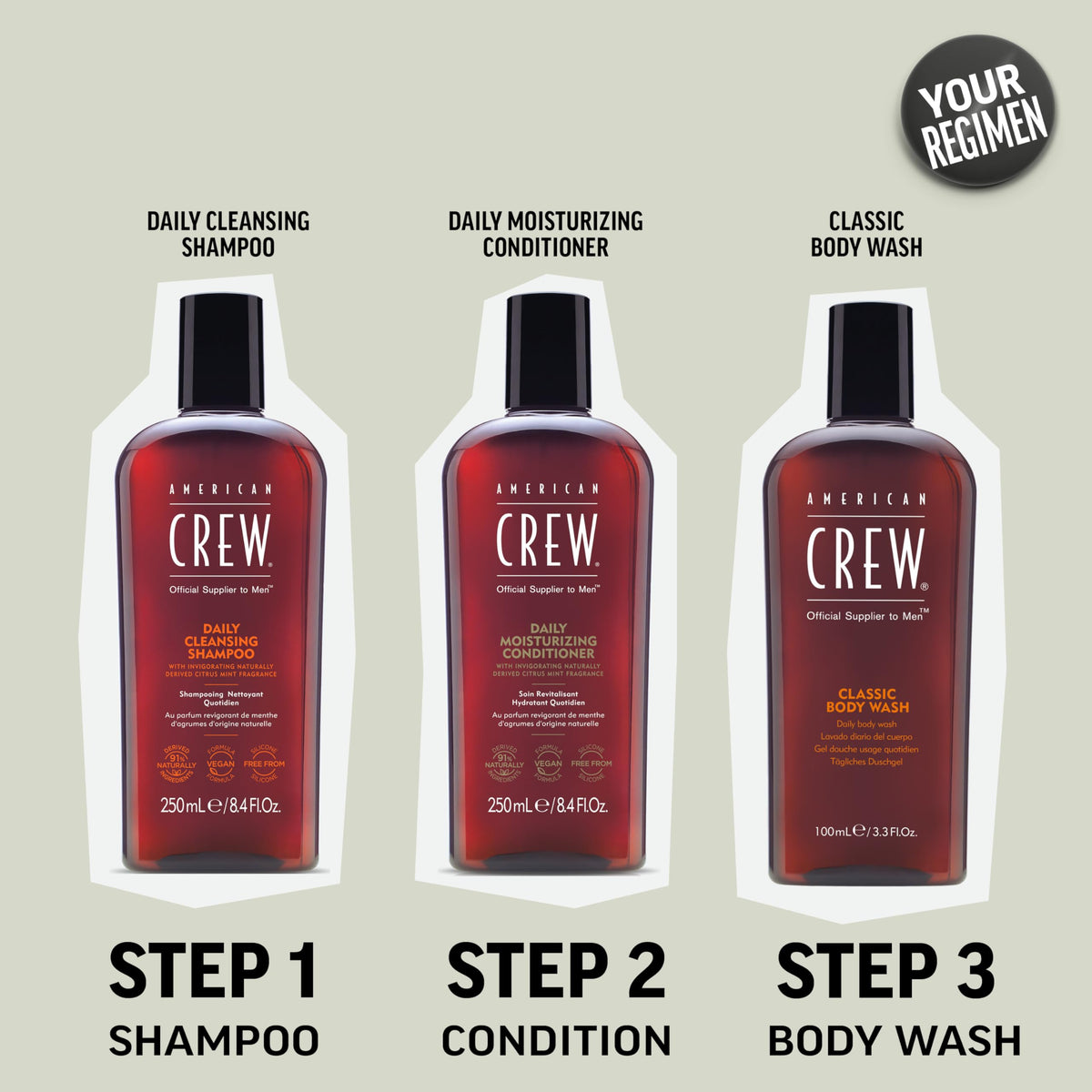 American Crew bottle on bathroom shelf in shower scene, conveying energizing routine