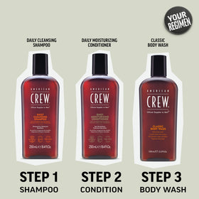 American Crew bottle on bathroom shelf in shower scene, conveying energizing routine