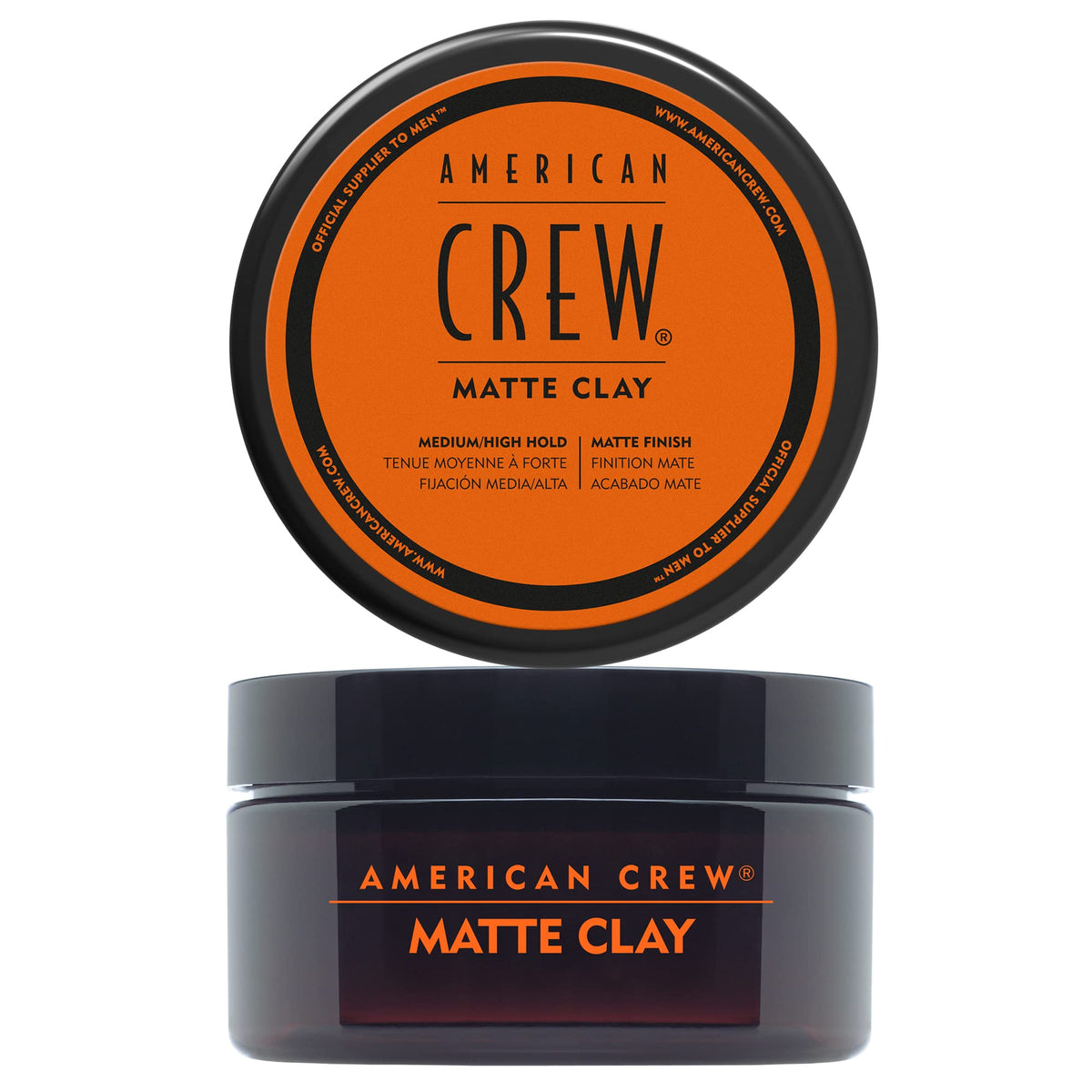 American Crew matte clay front jar showing container and easy-grip lid for travel