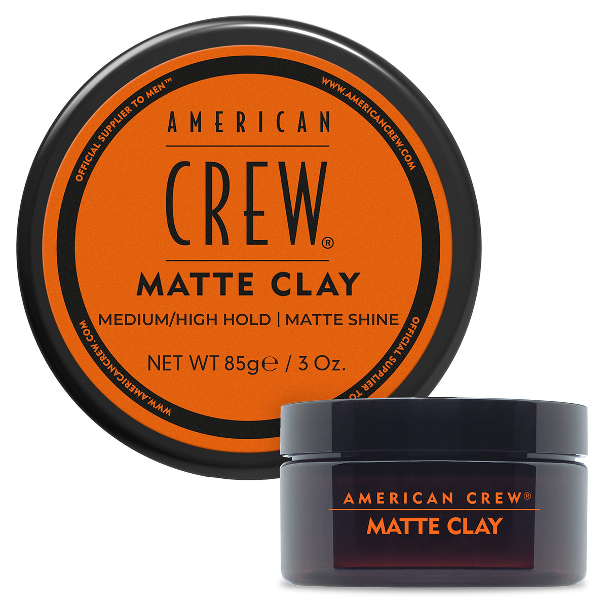 American Crew matte clay front jar view shows compact travel-ready styling