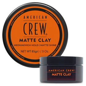 American Crew matte clay front jar view shows compact travel-ready styling